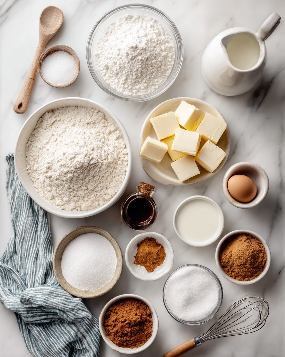 The image shows a clean setup of baking ingredients on a white marbled surface with a soft blue and white striped cloth on the left. There are eight clear bowls and one small white pitcher arranged neatly, each labeled with ingredients. Starting from the top left, there is a small bowl with a white powder for baking powder and salt, followed by a larger bowl filled with white sugar to its right. Below, a large bowl of white flour sits next to a small bowl holding three pale yellow butter cubes. To the right of the flour, there is a white bowl with a single raw egg, and behind it, a small dark bottle of vanilla. Near the bottom are three smaller bowls containing ground cinnamon, white cornstarch, and a wooden spoon with nutmeg powder. A white pitcher with buttermilk is placed near the cinnamon bowl. A whisk with a wooden handle lies on the left side of the frame. The scene is bright and organized, with all ingredients clearly visible. photo taken with an iphone --ar 4:5 --v 7