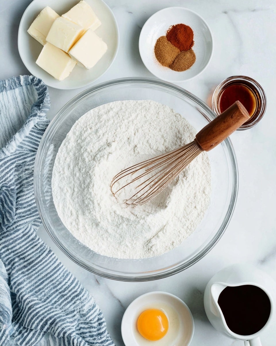 A clear glass bowl filled with white flour sits in the center, with a wooden whisk resting inside it. Surrounding the bowl are small white dishes holding several pieces of light yellow butter, a mix of cinnamon or brown spice, and a raw egg with a bright yellow yolk. Near the top right is a small glass container with dark brown liquid, possibly vanilla extract. A white pitcher with cream and a cup of liquid are at the bottom. A folded blue and white striped cloth lies on a white marbled surface beneath the bowl photo taken with an iphone --ar 4:5 --v 7