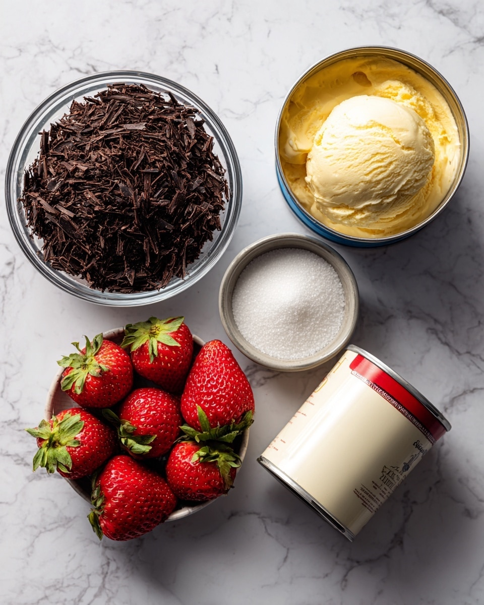 A clear glass bowl filled with dark brown chocolate shavings sits on a white marbled surface, alongside a small white bowl holding granulated white sugar. Next to these, a small silver bowl holds several bright red strawberries with green leaves on top. On the right side, there is a blue container of French vanilla ice cream lying on its side, showing a creamy yellow ice cream scoop on the label. Beside it, a white can of whipped cream with a red top is placed diagonally. All items are arranged neatly on the white marbled surface. Photo taken with an iphone --ar 4:5 --v 7