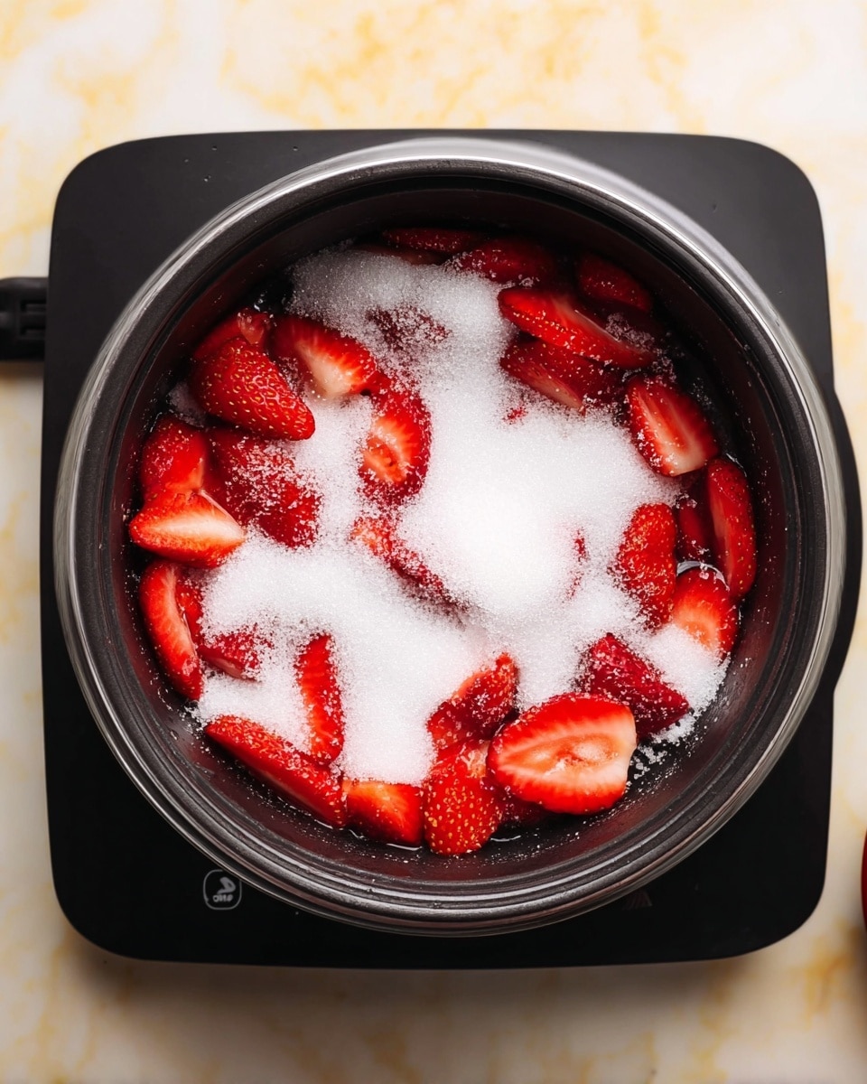 The image shows a top view of a black pot filled with two layers: the bottom layer consists of bright red sliced strawberries, and the top layer is a thick, even coating of white sugar granules covering the strawberries. The pot sits on a black electric hot plate, all placed on a white marbled surface. The edges of the pot reveal some sugar sprinkled lightly around the strawberries, adding texture to the scene. photo taken with an iphone --ar 4:5 --v 7