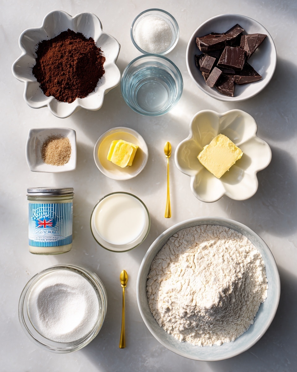 The image shows a white marbled surface with small bowls and containers arranged neatly in a rough grid. In the top left, a white flower-shaped bowl holds dark brown cocoa powder. Next to it is a white round bowl with broken dark chocolate pieces. To the right is a plain white egg and a clear glass filled with water. Below the water, a small yellow spoon holds white salt. Nearby, a white flower-shaped bowl holds white granulated sugar. On the bottom right, a large white bowl is filled with a light beige strong bread flour. Below the flour bowl, a clear glass contains white milk. To the left, a small white bowl contains light brown sugar. Above this, a glass jar contains dark sourdough starter. Next to the jar, a double cream container is blue and white with a British flag design. In the center, a white bowl contains white powdered sugar. To the right, a small white square dish holds yellow butter. The whole scene is lit naturally, showing clear textures on each ingredient. photo taken with an iphone --ar 4:5 --v 7