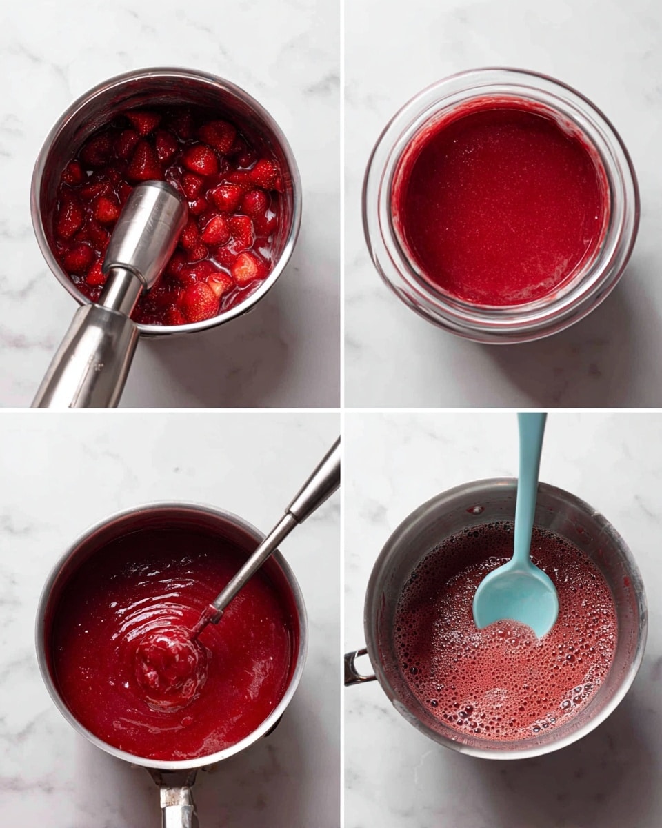 The image shows four parts of making strawberry puree. In the first part, there is a silver pot on a white marbled surface filled with red strawberry pieces and juice, and a silver blender is inside. In the second part, the pot contains smooth, bright red strawberry puree with a silver blender still inside. In the third part, the pot is on a stove with bubbles on the bright red puree, showing it's cooking to get thick. In the last part, a light blue spoon is stirring the thick, smooth, deep red puree in the pot, showing the texture clearly. The background and surface are white marbled. Photo taken with an iphone --ar 4:5 --v 7