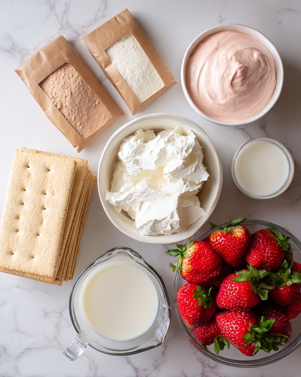 The image shows ingredients laid out on a white marbled surface. There are two small brown paper bags at the top left, one filled with light brown instant chocolate pudding powder and the other with off-white instant cheesecake pudding powder. To the right of these bags is a tub of smooth, pale pink strawberry frosting. Below, in the center, there is a large white bowl filled with fluffy white Cool Whip. On the left side, there is a block of light tan graham crackers stacked neatly. Below the crackers, a clear glass measuring cup is filled with white milk. On the bottom right, a clear glass bowl is filled with fresh, bright red strawberries with green leaves. Each element is spaced evenly and clearly visible. photo taken with an iphone --ar 4:5 --v 7
