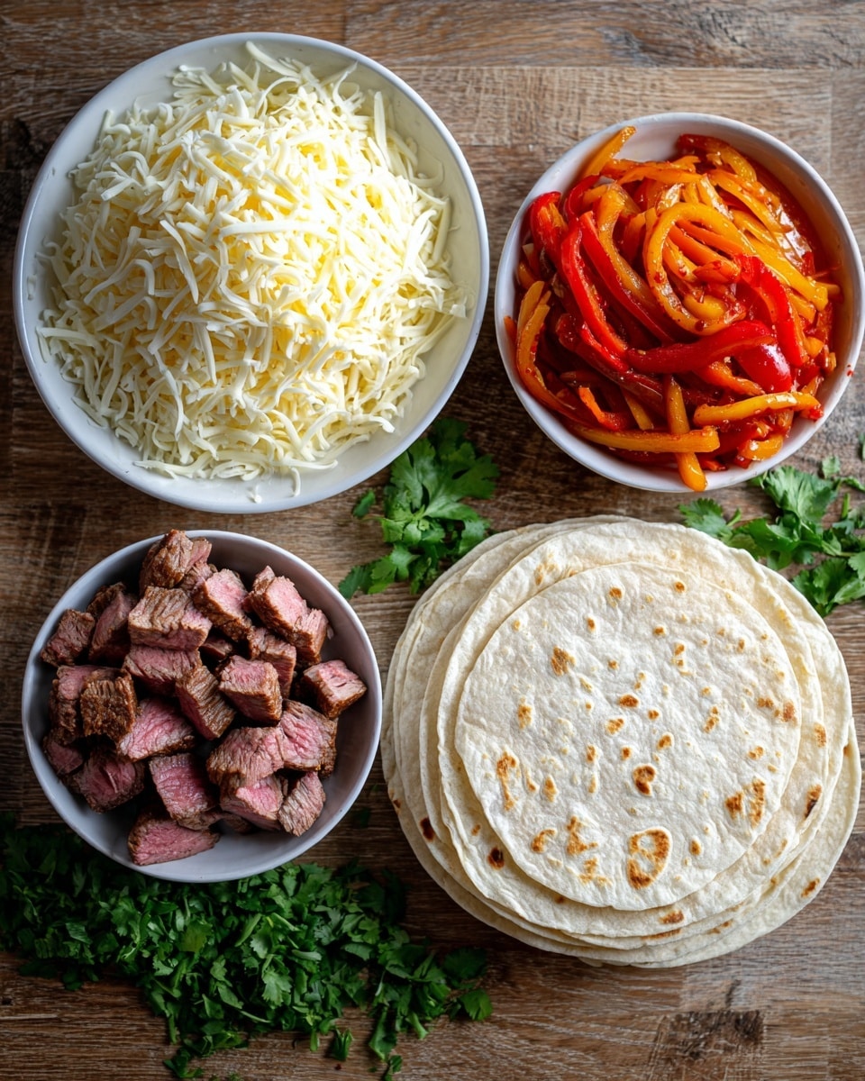A set of white plates and a stack of tortillas are placed on a wooden surface with fresh cilantro sprigs scattered around. The largest white plate is filled with shredded white and yellow pepperjack cheese with a soft, fine texture. Another white plate holds fajita veggies, showing bright orange-red bell peppers mixed with translucent cooked onions. A third white plate contains chunked, cooked chipotle steak with a pink interior and browned edges, giving a juicy appearance. Below the plates, a stack of soft, round, white tortillas lies flat, slightly overlapping. This scene is arranged neatly with the fresh green cilantro adding a pop of color around the food. Photo taken with an iphone --ar 4:5 --v 7