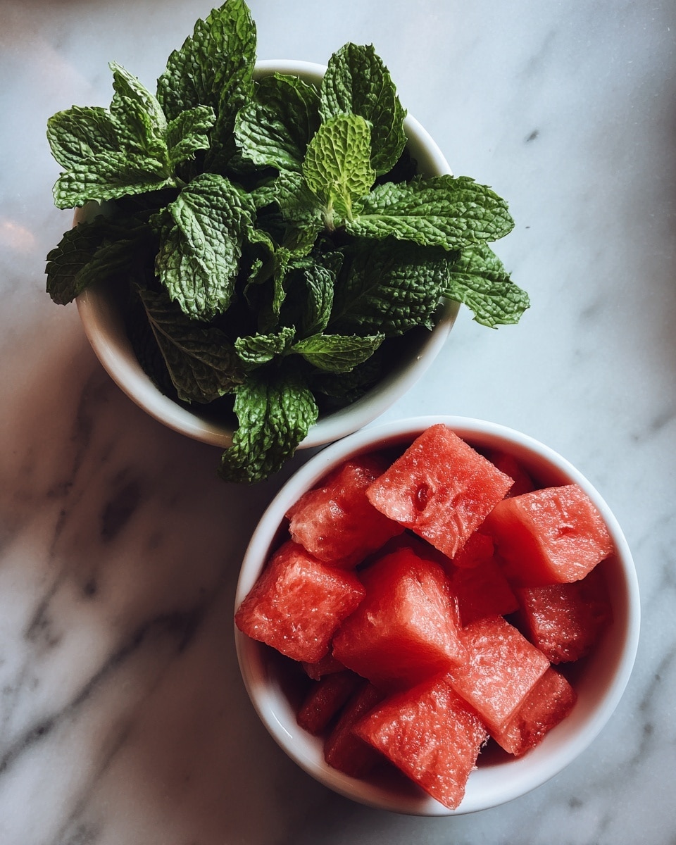 The image shows two small white bowls on a white marbled surface. The bowl on the top left contains fresh, bright green mint leaves with a textured surface and jagged edges. The bowl on the bottom right is filled with vibrant red watermelon cubes, showing a juicy and slightly rough texture. The bowls are placed diagonally apart with clear text labels