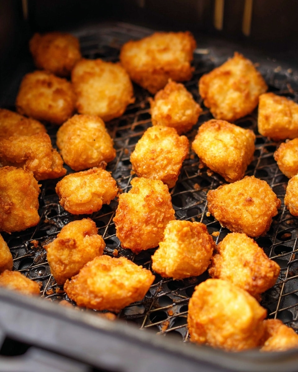 The image shows a collection of small golden-brown fried pieces placed inside a black air fryer basket. The pieces have a crispy and uneven texture, with some looking more rounded while others are more square-shaped. The basket has a grid-like base, allowing air to circulate around the food evenly. The lighting highlights the warm, crunchy surface of each fried piece. The background and surface are not visible clearly but the focus remains on the scattered fried pieces inside the air fryer. Photo taken with an iphone --ar 4:5 --v 7