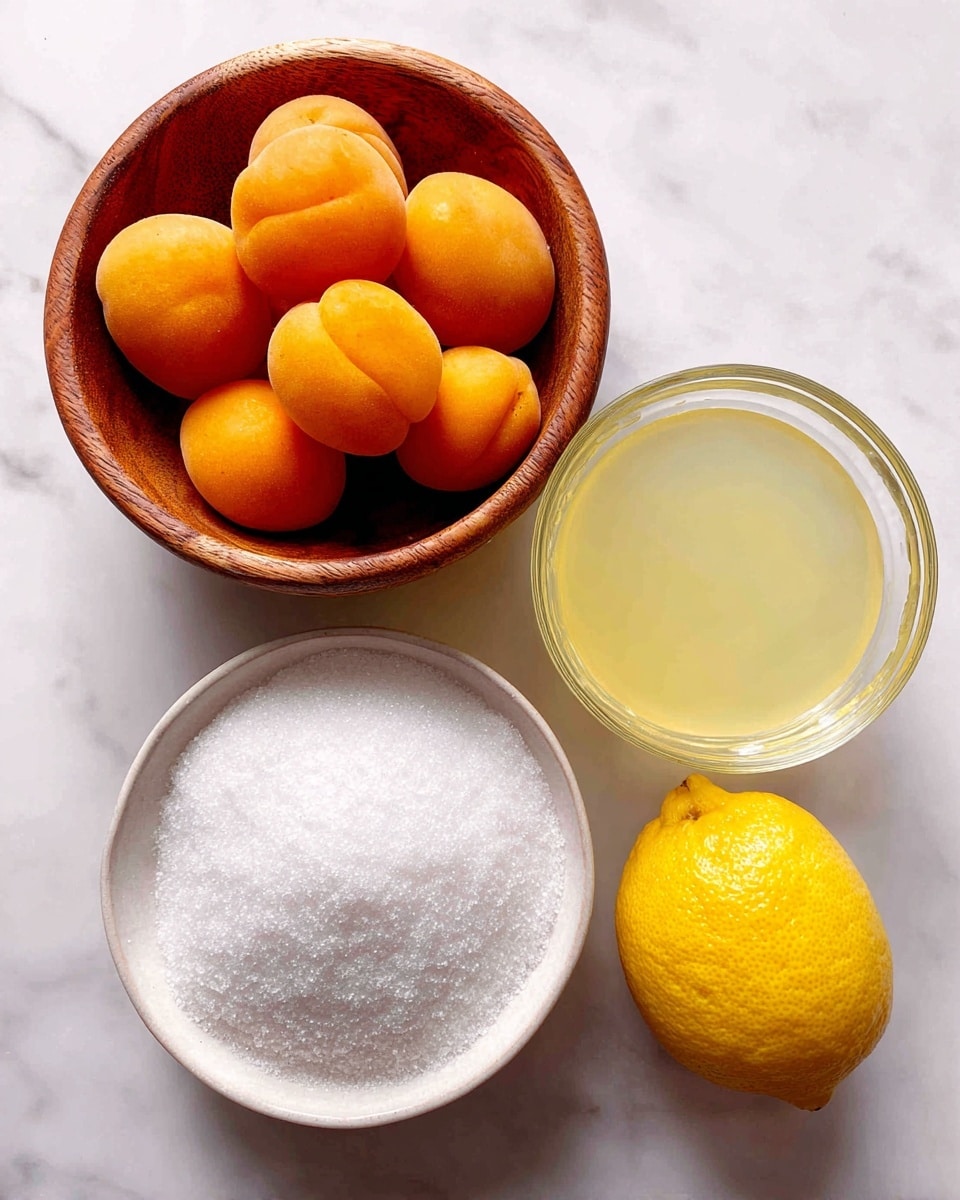 A wooden bowl filled with round, orange apricots sits in the top left corner, next to a clear glass with pale yellow lemon juice and a whole bright yellow lemon placed beside it on the right. Below the bowl, there is a white bowl filled fully with white granulated sugar. All items are arranged on a white marbled surface, with the labels