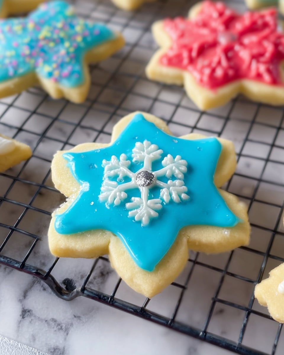 The image shows a close-up of a star-shaped cookie with two layers: the bottom layer is a pale yellow, soft-textured cookie, and the top layer is smooth bright blue icing covering the cookie fully inside the edges. On top of the blue icing, there are white snowflake designs made with piped icing, giving a raised texture, and a small silver round decoration is placed in the center of the cookie. The cookies are on a black wire cooling rack set on a white marbled surface, with a few colorful cookies blurred in the background. photo taken with an iphone --ar 4:5 --v 7