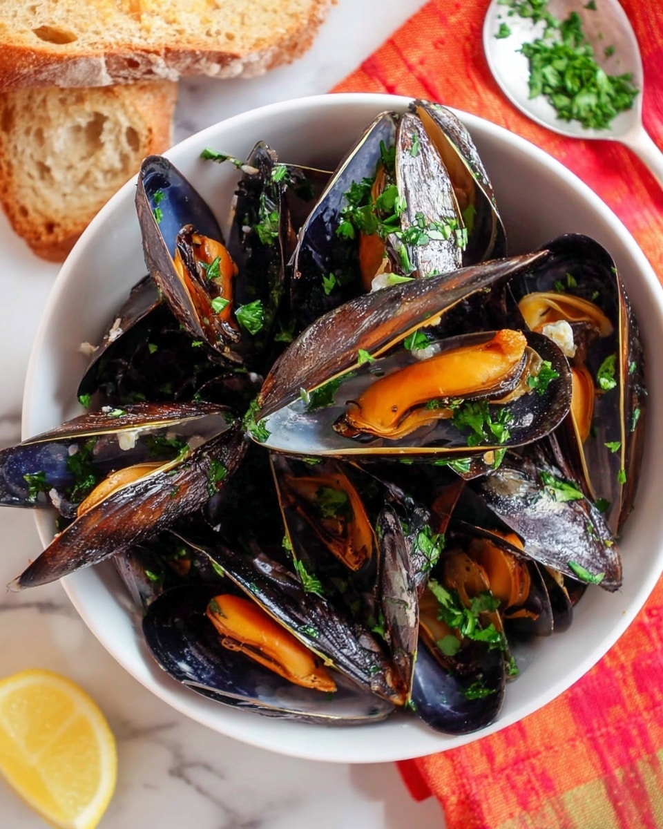 A white bowl filled with several open mussels, showing their dark shells with bright orange meat inside. The mussels are scattered with chopped green herbs on top. The bowl sits on a white marbled surface next to pieces of bread and a slice of lemon. A silver spoon with green herbs rests beside the bowl, and a red and orange cloth is partly visible in the background. Photo taken with an iphone --ar 4:5 --v 7