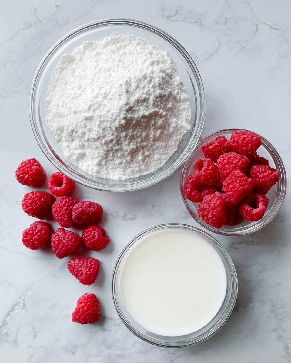 A top-down view of three clear glass containers on a white marbled surface: the largest bowl is filled with fine white powder, the medium bowl holds bright red raspberries with some scattered outside, and a small glass is filled with smooth white cream or milk. The colors sharply contrast with the soft texture of the white powder and the smooth liquid below photo taken with an iphone --ar 4:5 --v 7