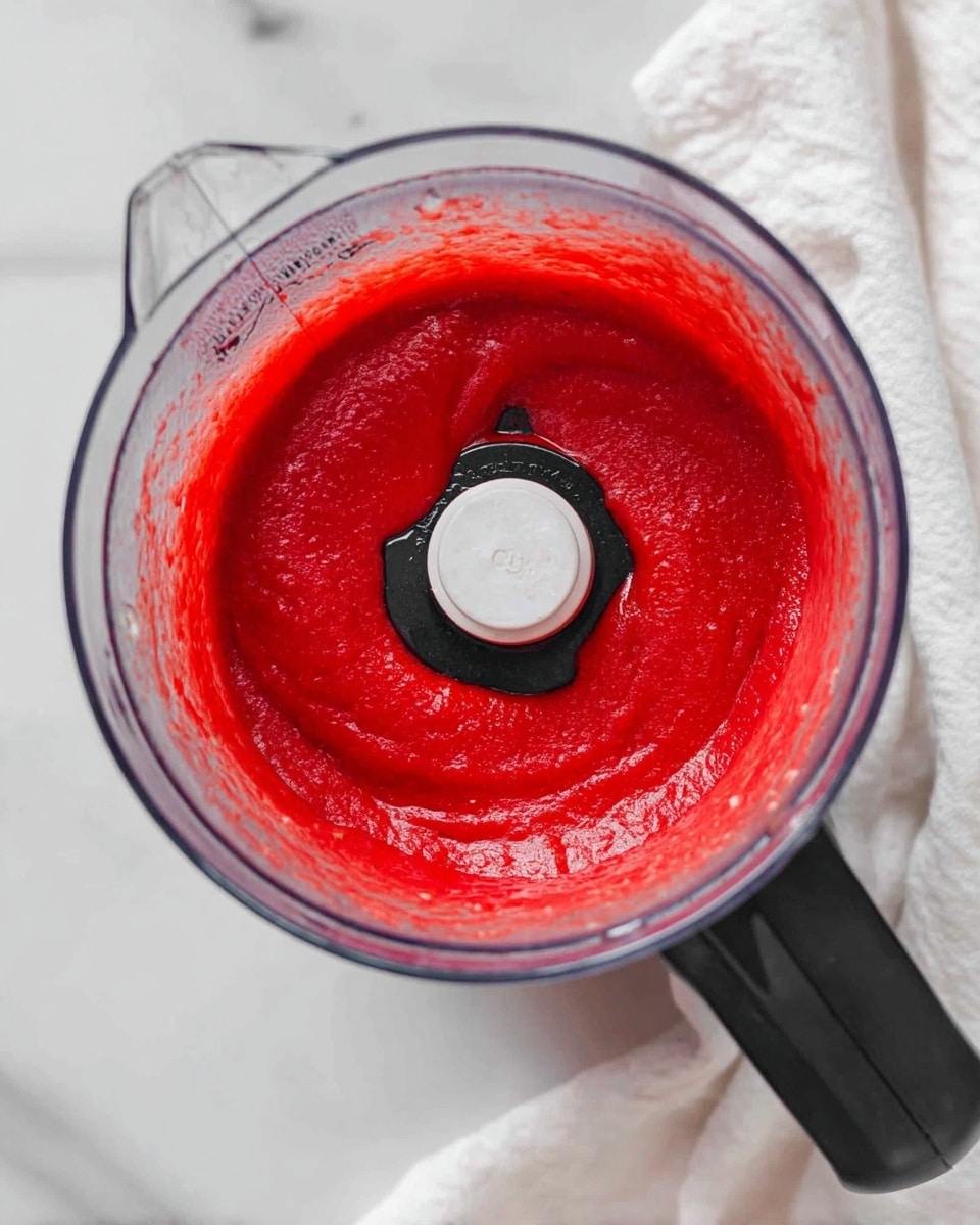 The image shows a clear blender container filled with a bright red, smooth sauce. The sauce is spread evenly, covering the inside walls except near the black-and-white blade in the center. The blender has a black handle extending to the right side. The background is a white marbled surface with part of a white cloth visible near the bottom right corner. photo taken with an iphone --ar 4:5 --v 7