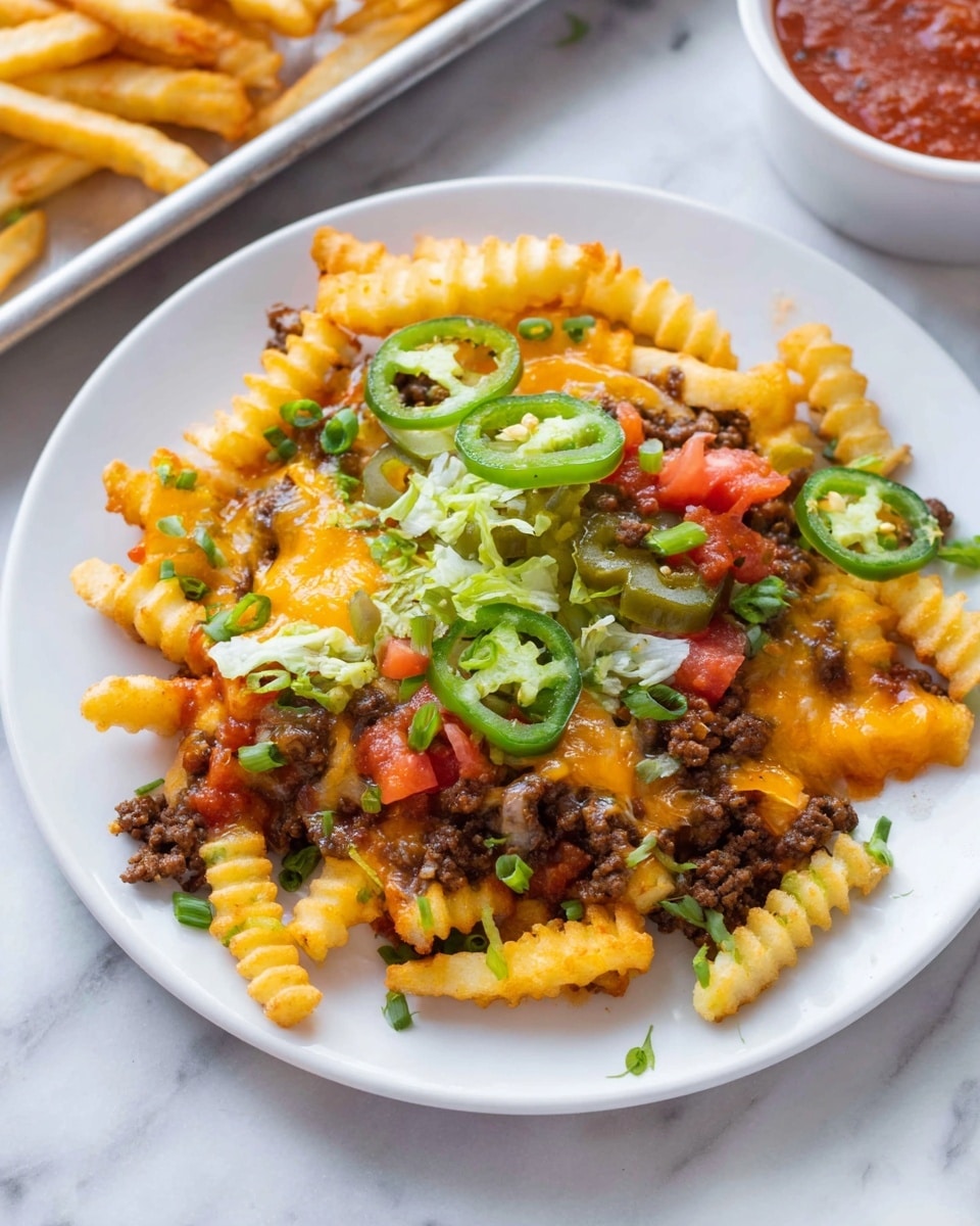 A white plate holds a layered dish starting with crinkled golden fries at the bottom, topped with melted orange-yellow cheese and scattered small pieces of cooked brown ground beef. On top, there are fresh green slices of jalapeño, chopped green scallions, light green shredded lettuce, and small red tomato pieces. Some red salsa is spread, adding a moist texture in between the layers. The plate is set on a white marbled surface, with a tray of plain golden fries and a white bowl of red salsa partly visible nearby. photo taken with an iphone --ar 4:5 --v 7
