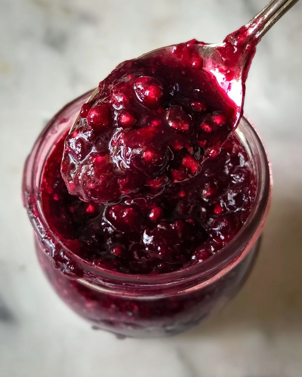 A close-up image shows a spoon scooping thick, deep red-purple berry jam from a clear glass jar. The jam has visible whole and crushed berries with a shiny, sticky texture that fills the spoon and jar top. The background and surface are white with a marbled texture, and no other items are seen nearby. Photo taken with an iphone --ar 4:5 --v 7