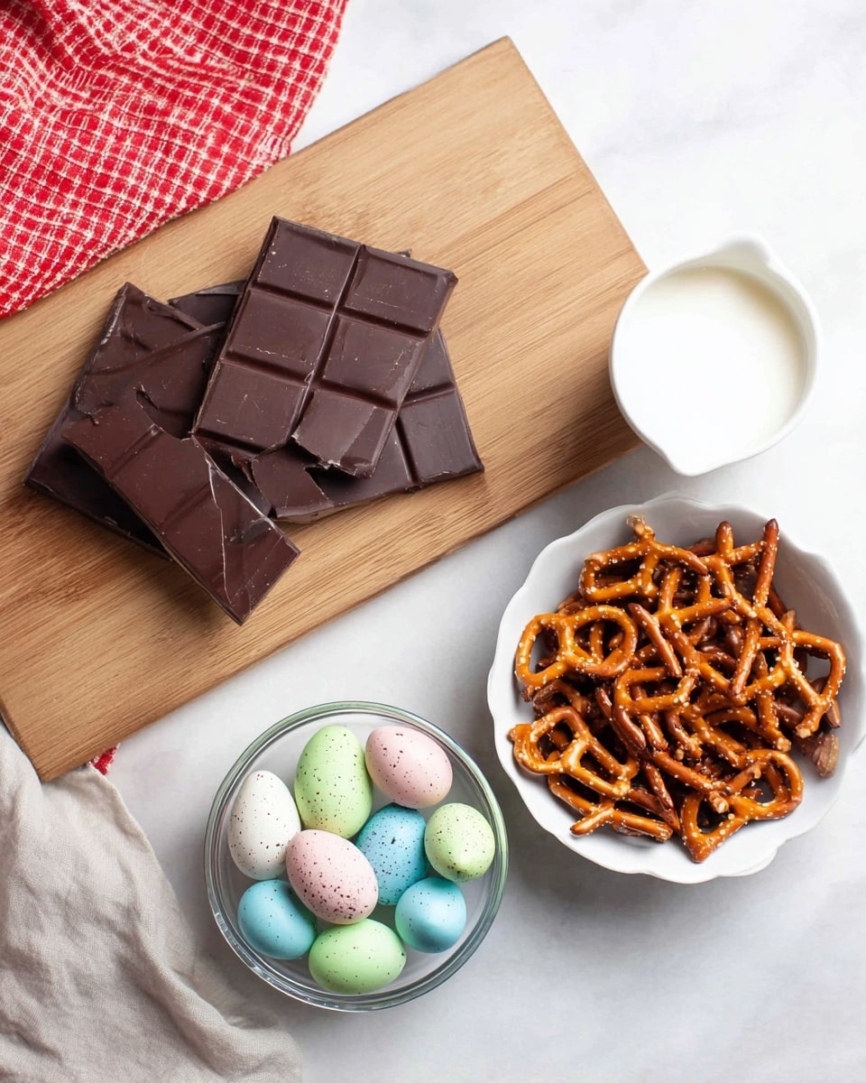 The image shows a light wooden board holding three large dark brown chocolate bars, one of which is broken into two pieces on top; below it, a white bowl is filled with many small, shiny, twisted pretzel sticks that are a golden brown with some salt specks; nearby, a small white cup contains white liquid, sitting beside a clear glass bowl filled with ten small candy eggs in pastel colors of blue, white, pink, green, and yellow, some with black speckles, all placed on a white marbled surface with a red checkered cloth in the top left corner. photo taken with an iphone --ar 4:5 --v 7