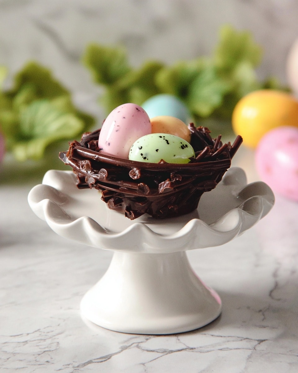 The image shows a small chocolate nest placed on a white ceramic pedestal with a scalloped edge. The nest is made of dark brown chocolate sticks arranged in a rough circular shape. Inside the nest are three small, smooth, pastel-colored eggs in pale pink, light yellow, and mint green with black speckles. The background features a white marbled surface with blurred green leaves and colorful Easter eggs, adding a festive feel. Photo taken with an iphone --ar 4:5 --v 7