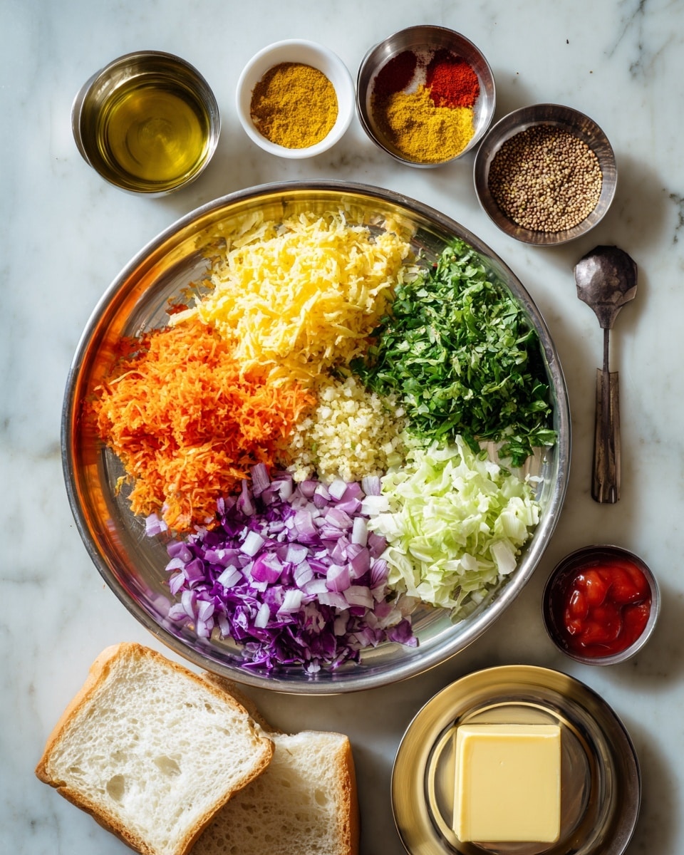 A large round metal tray sits on a white marbled surface, divided into sections with finely chopped vegetables: bright orange shredded carrot to the left, vivid yellow chopped bell pepper below, deep purple chopped onion on the lower right, pale green chopped cabbage on the upper right, and dark green chopped cilantro at the top. In the center is a small pile of grated garlic with tiny green chili pieces nearby. To the right of the tray are two smaller metal dishes, one holding light golden oil and another with brown jeera seeds and mustard seeds. Below these is a small white bowl with colorful masala powders in red, yellow, and brown shades. To the bottom right of the main tray is a small bowl with a thick square of yellow butter, next to a small metal container of bright red ketchup. At the bottom left, a metal plate holds two slices of white bread stacked slightly offset. The whole setup is on a smooth white marbled countertop. Photo taken with an iphone --ar 4:5 --v 7