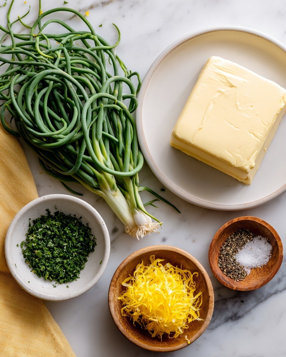 The image shows several fresh ingredients arranged on a white marbled surface. On the left, there is a bunch of long, curly green garlic scapes. At the top right, a white plate holds a thick, square block of pale yellow butter with a smooth texture. Below the plate, a small wooden bowl contains mixed salt and black pepper. Near the bottom right, another small wooden bowl has a pile of bright yellow lemon zest. At the bottom left, a white bowl holds finely chopped dark green parsley. A yellow cloth with subtle texture is partly visible at the top edge. photo taken with an iphone --ar 4:5 --v 7