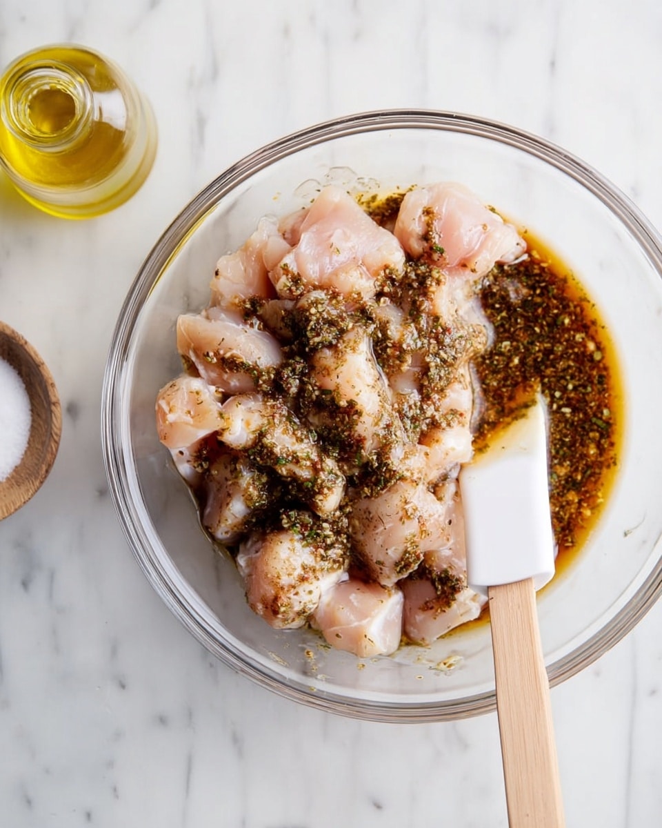 A clear glass bowl sits on a white marbled surface, filled with small, pale pink pieces of raw chicken. They are topped with a dark brown sauce mixed with green dried herbs. A white spatula with a light wooden handle rests on the right side inside the bowl. On the marble surface nearby, there is a small glass bottle with yellow oil and a small white bowl of salt. photo taken with an iphone --ar 4:5 --v 7