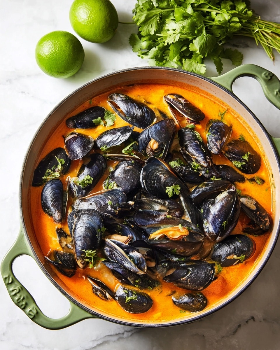 A large pot with soft green handles holds a seafood dish with two main layers: the bottom layer is a thick orange broth with slightly chunky pieces, topped with a heap of shiny black mussels with hints of grey and white on their shells. The mussels are piled mostly in the center, their smooth, curved shapes contrasting with the creamy texture of the broth. In the background, two whole green limes alongside a small bunch of fresh cilantro rest on a white marbled surface. photo taken with an iphone --ar 4:5 --v 7