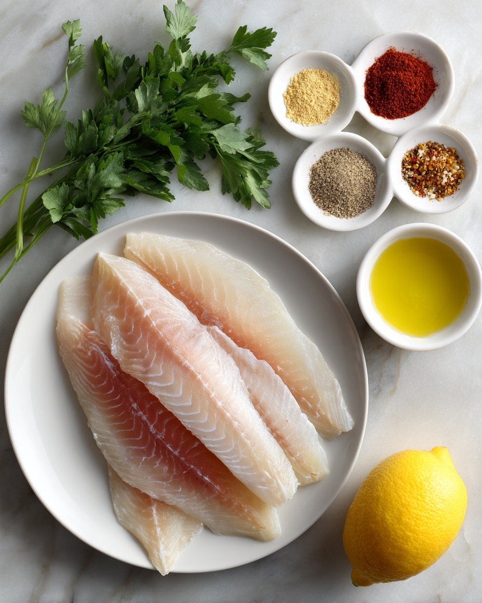 A round white plate holds several fresh white fish fillets with a soft pink color and translucent texture, layered slightly overlapping. To the right, a white dish with four small sections shows four different spices: light brown dried oregano, beige garlic powder, dark brown salt and pepper mix, and bright red paprika. Above the spices, fresh green parsley leaves rest on a white marbled surface. Below the spices, a small white bowl contains pale yellow oil, and next to it on the right is a whole bright yellow lemon. The objects are all placed on a white marbled textured surface. photo taken with an iphone --ar 4:5 --v 7
