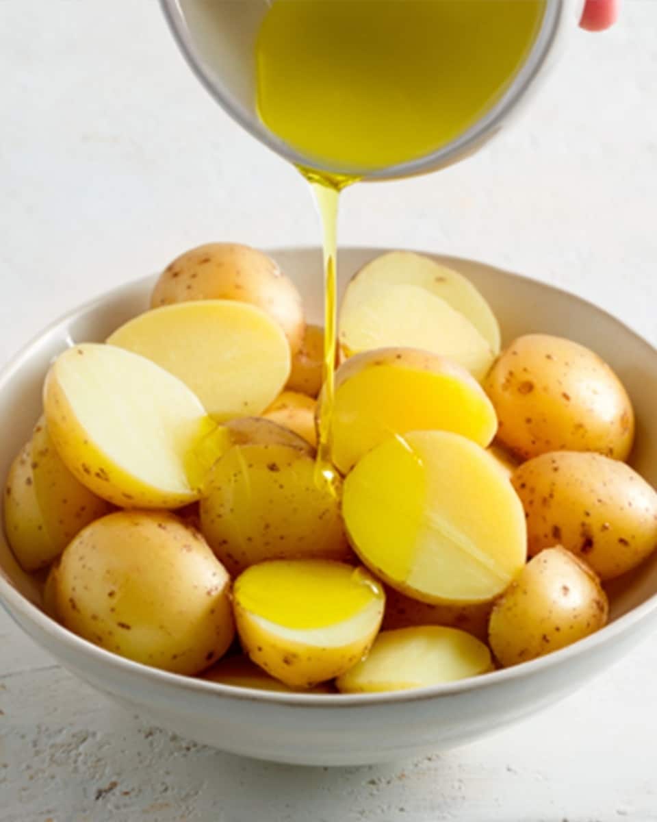 The image shows a white bowl filled with small, round, yellow potatoes that are sliced in half. A woman's hand is pouring a thin stream of golden-yellow oil over the potatoes, bathing their smooth, slightly shiny surfaces. The potatoes have a soft texture and light yellow color inside, with a few pieces’ skin still showing a pale brown. The background is a white marbled texture. photo taken with an iphone --ar 4:5 --v 7