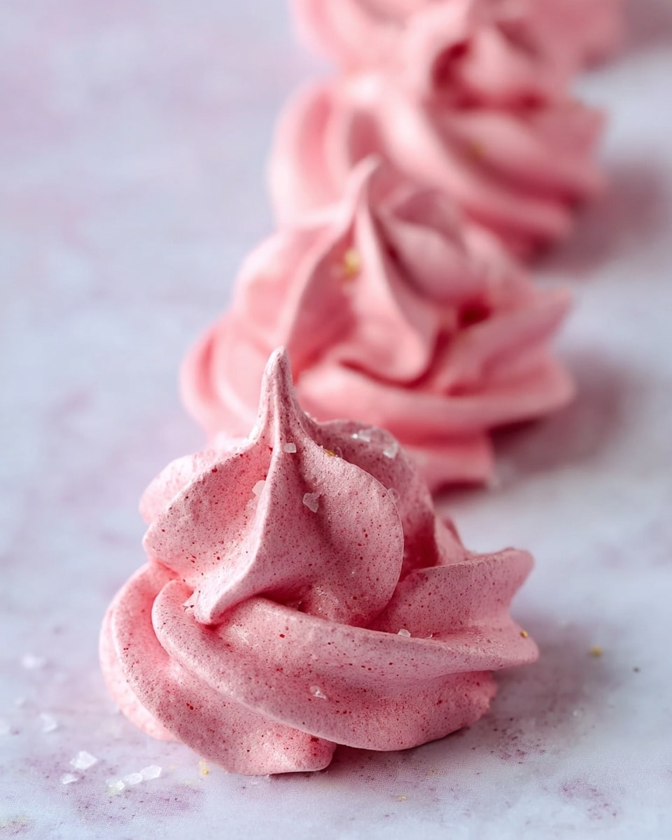 The image shows three small pink meringue cookies placed in a row on a white marbled surface. Each meringue has a swirled texture with soft peaks and ridges, giving them a light and airy look. The tops have a slightly rough surface with some small coarse salt crystals sprinkled over them, adding a touch of detail. The meringues have a matte finish and are closely spaced, with the closest one in focus and the background softly blurred. Photo taken with an iphone --ar 4:5 --v 7
