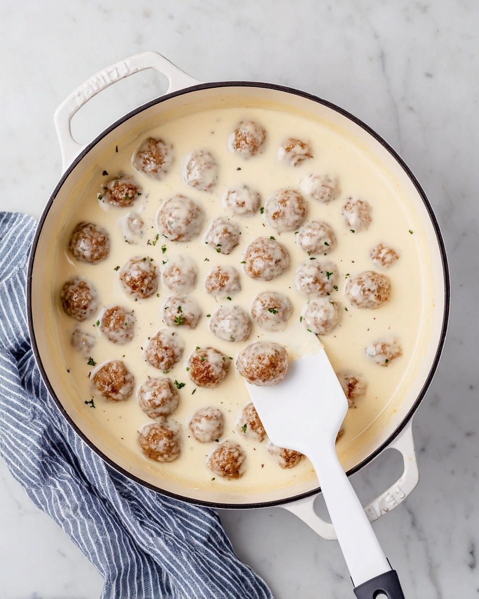 A white pot with two handles is filled with meatballs covered in a creamy white sauce. The creamy sauce forms the first layer and is smooth and thick. The second layer is made up of small, round, golden-brown meatballs partially coated in the sauce, scattered evenly across the pot's surface. A white spatula with a black handle is holding a few meatballs in the lower right part of the pot. The pot is set on a white marbled surface with a blue and white striped cloth slightly visible in the lower left corner. Photo taken with an iphone --ar 4:5 --v 7