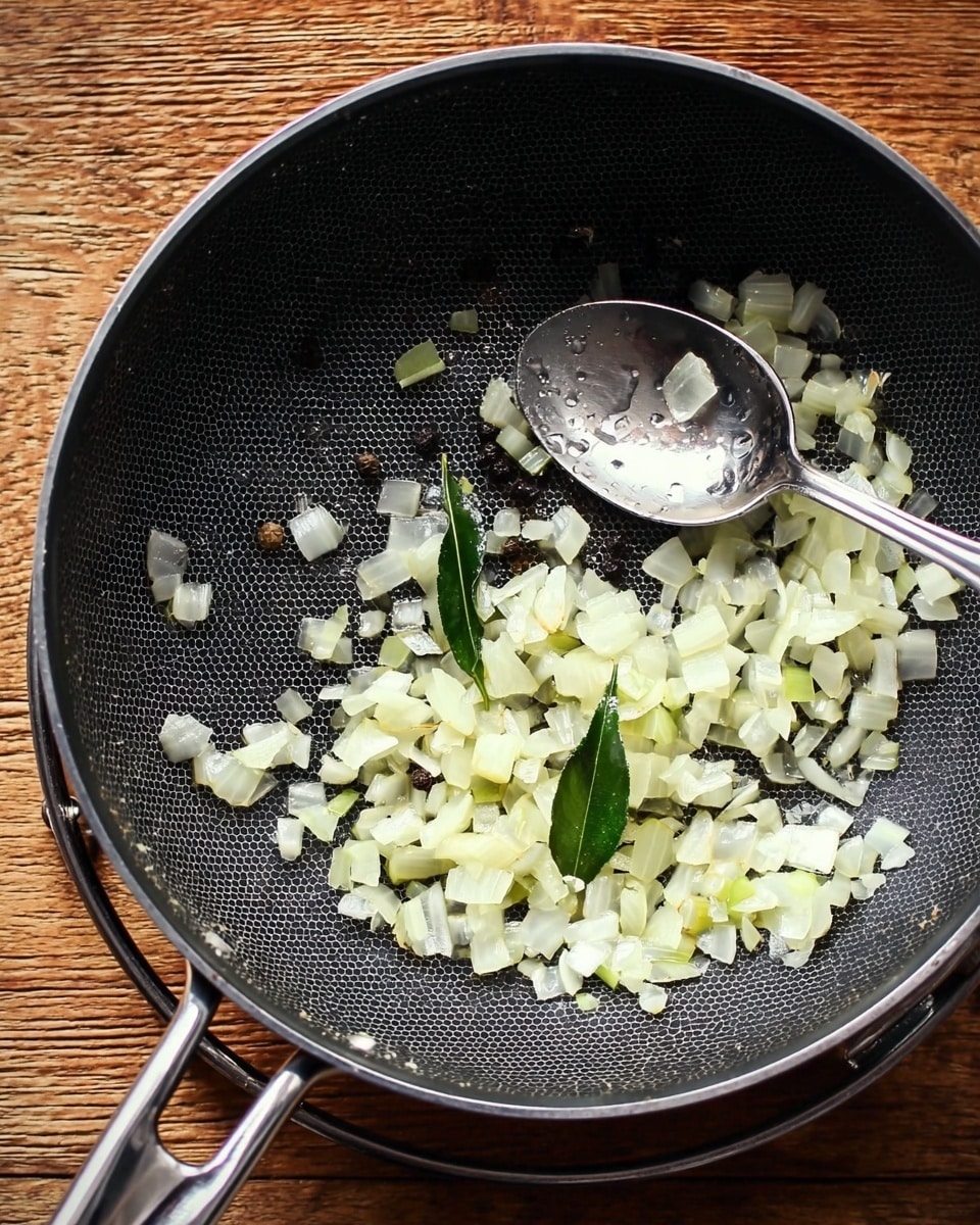 A close-up image of a black frying pan with a textured edge filled with small pieces of cooked, translucent light yellow onions, mixed with a few green curry leaves and some black peppercorns. A silver spoon is resting inside the pan toward the top right, showing some moisture on its surface. The pan is placed on a metal rack over a wooden surface that has warm brown tones with visible grain patterns. photo taken with an iphone --ar 4:5 --v 7