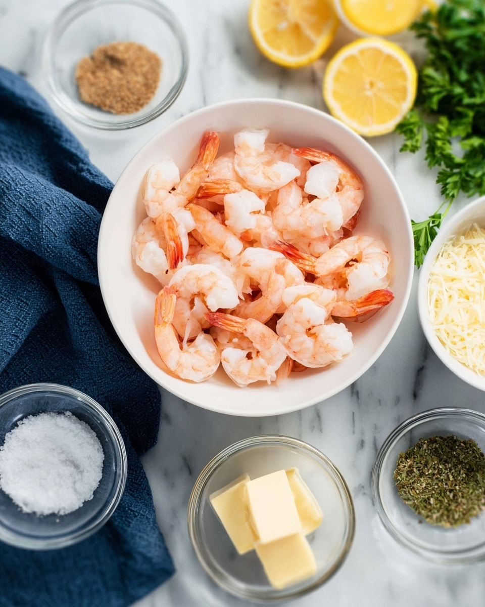 A white bowl filled with peeled cooked shrimp arranged in a neat circle, showing pink and white colors with the shrimp tails, placed on a white marbled surface. Surrounding the bowl are small clear glass bowls containing various ingredients: a brown paste, dried green herbs with white salt, and two small blocks of pale yellow butter. In the background, there are two lemon halves showing a bright yellow inside, some fresh green parsley, and a white bowl of grated cheese. A dark blue cloth is draped beside the bowl of shrimp, adding contrast. photo taken with an iphone --ar 4:5 --v 7