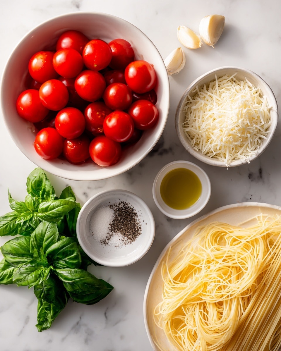 A white bowl full of bright red cherry tomatoes sits on the left side, surrounded by fresh green basil leaves below and above it. To the right side, there is a white bowl with shredded pale yellow parmesan on the top center and a smaller white dish of salt and black pepper next to it. Beside the smaller dish is a few peeled garlic cloves. Below these, a small white bowl holds golden olive oil. To the far right, a white plate carries a large layer of pale yellow uncooked angel hair pasta, arranged flat and fanning slightly at the edges. All items rest on a white marbled surface. Photo taken with an iphone --ar 4:5 --v 7