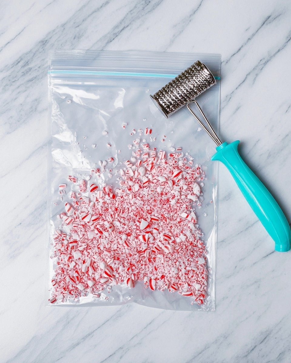 A clear plastic zip-lock bag lies flat on a white marbled surface, partially filled with crushed red and white peppermint candy pieces. The candy pieces form an uneven, scattered pile mainly in the bottom half of the bag, with some small bits spread toward the upper right side. A metal meat tenderizer with a turquoise handle rests beside the bag on the surface, its textured side facing the peppermint pieces. The scene is simple and bright, showcasing the crushed candy and tool clearly. photo taken with an iphone --ar 4:5 --v 7
