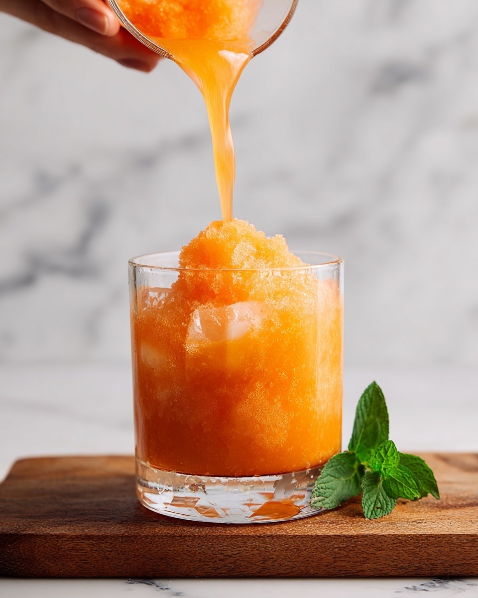A clear glass filled with a dark orange slushy drink, with a thick layer of lighter, frosty orange slushy being poured from above by a woman's hand. The drink inside the glass shows two main layers: a darker, more liquid bottom layer and a thicker, icy top layer that is still being added. The glass sits on a wooden board with a green mint leaf near the front edge, and the background is a white marbled texture. Photo taken with an iphone --ar 4:5 --v 7