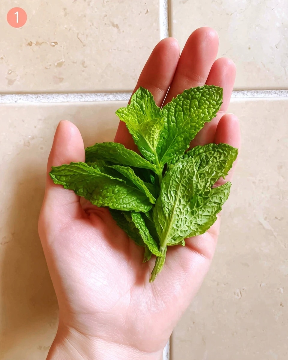 A woman's hand is holding a small bunch of fresh green mint leaves with visible veins and slightly wrinkled textures, positioned in the center of the palm against a light beige tiled background with a subtle grout line. The leaves vary in size and shape, some overlapping, showing different shades of bright green. Photo taken with an iphone --ar 4:5 --v 7