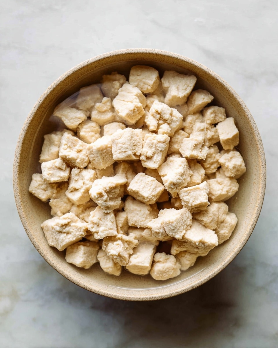 The image shows a light brown bowl filled with small, chunky pieces of pale beige tofu soaking in clear liquid. The tofu pieces have a slightly rough and uneven texture, floating closely together, nearly covering the bottom and rising about halfway up the bowl. The bowl itself has a simple, smooth surface and rests on a white marbled texture. The lighting is soft, highlighting the creamy color and delicate details of the tofu pieces. photo taken with an iphone --ar 4:5 --v 7