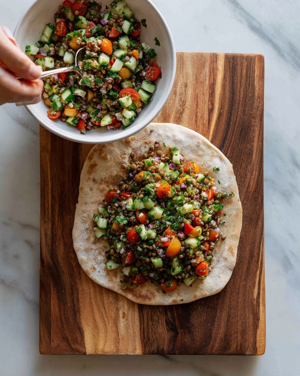 A flat, square piece of flatbread is placed on a wooden board with visible grain patterns, with a mound of mixed salad filling centered near the bottom half. The salad is colorful, made of chopped vegetables including red cherry tomatoes, cucumbers, orange and green bits, and small brown lentils or beans, all mixed together with a coarse texture. In the top left corner, there is a white bowl filled with more of the same salad. A woman's hand holding a spoon is partially visible in the top left side, about to scoop some salad from the bowl. The surface beneath the wooden board is a white marbled texture. photo taken with an iphone --ar 4:5 --v 7