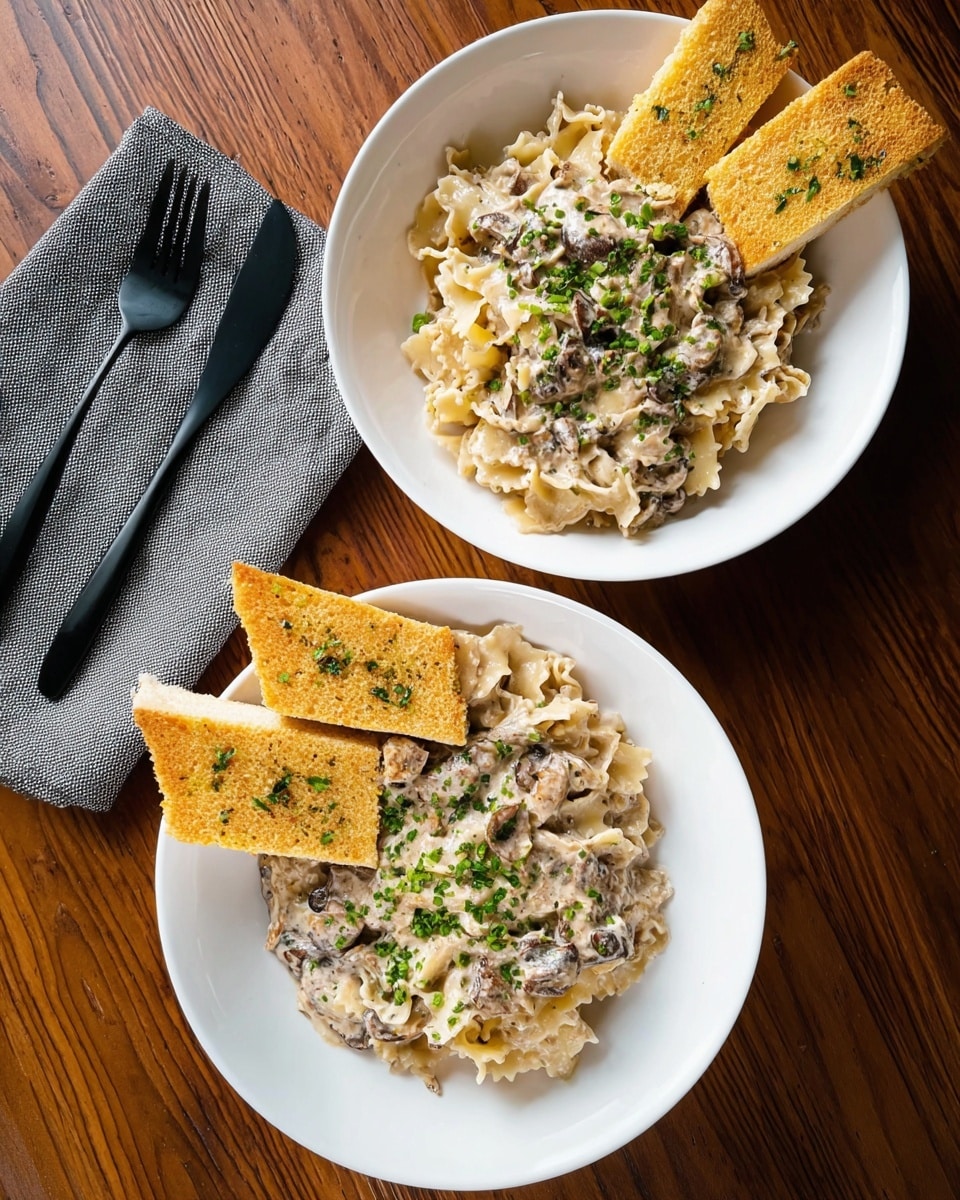 Two white plates sit on a wooden table, each holding a serving of pasta with creamy sauce mixed with small pieces of mushroom or meat. The pasta is wide and ruffled, coated evenly with the sauce, and sprinkled with chopped green herbs on top. Beside the pasta on each plate are two rectangular slices of golden, seasoned garlic bread with small visible herbs. A black fork and spoon rest on a gray cloth near the top left plate. The photo taken with an iphone --ar 4:5 --v 7