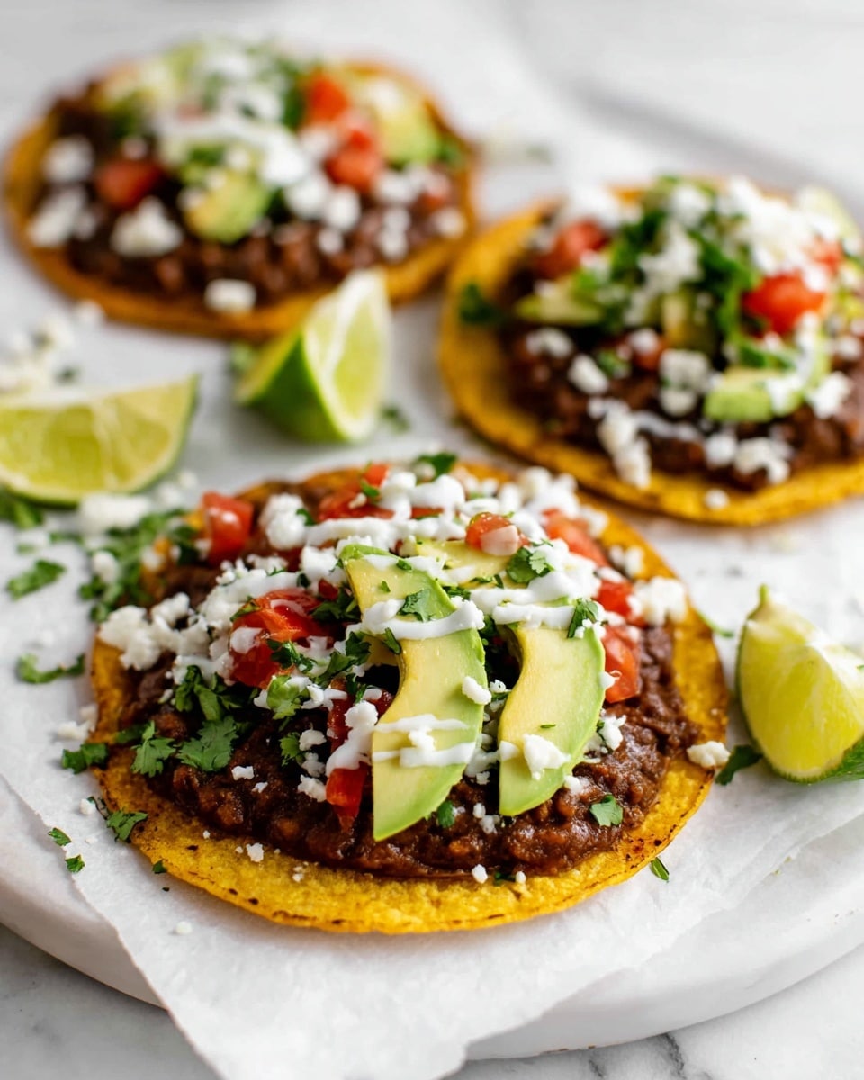 Three tostadas are shown on white parchment paper over a white marbled surface. Each tostada has a crispy yellow corn tortilla base topped with a layer of dark brown refried beans spread evenly. On top, there is a garnish of white crumbled cheese, light green slices of avocado, small red diced tomatoes, and green chopped cilantro scattered across. A drizzle of white sauce adds contrast to the toppings. Around the tostadas, there are lime wedges with green skin and pale yellow flesh placed casually. The image is bright and fresh, focused on the front tostada with a blurred background. Photo taken with an iphone --ar 4:5 --v 7