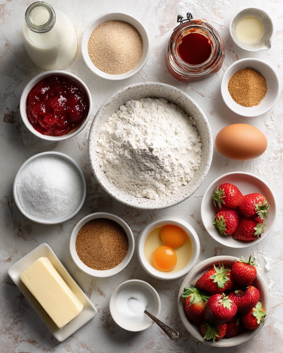 The image shows various baking ingredients arranged neatly on a white marbled surface. In the center is a white speckled bowl filled with white all-purpose flour. Surrounding it are small white bowls containing granulated sugar, brown sugar, powdered sugar, melted butter, cinnamon, yeast, salt, and vanilla. Fresh whole strawberries and a bowl of chopped strawberries add bright red color. A jar of strawberry preserves with a spoon, a whole brown egg, an egg yolk in a small bowl, and a white bottle of whole milk are also included. A stick of butter lies in the bottom left corner, and the whole setup has a soft, natural light. photo taken with an iphone --ar 4:5 --v 7