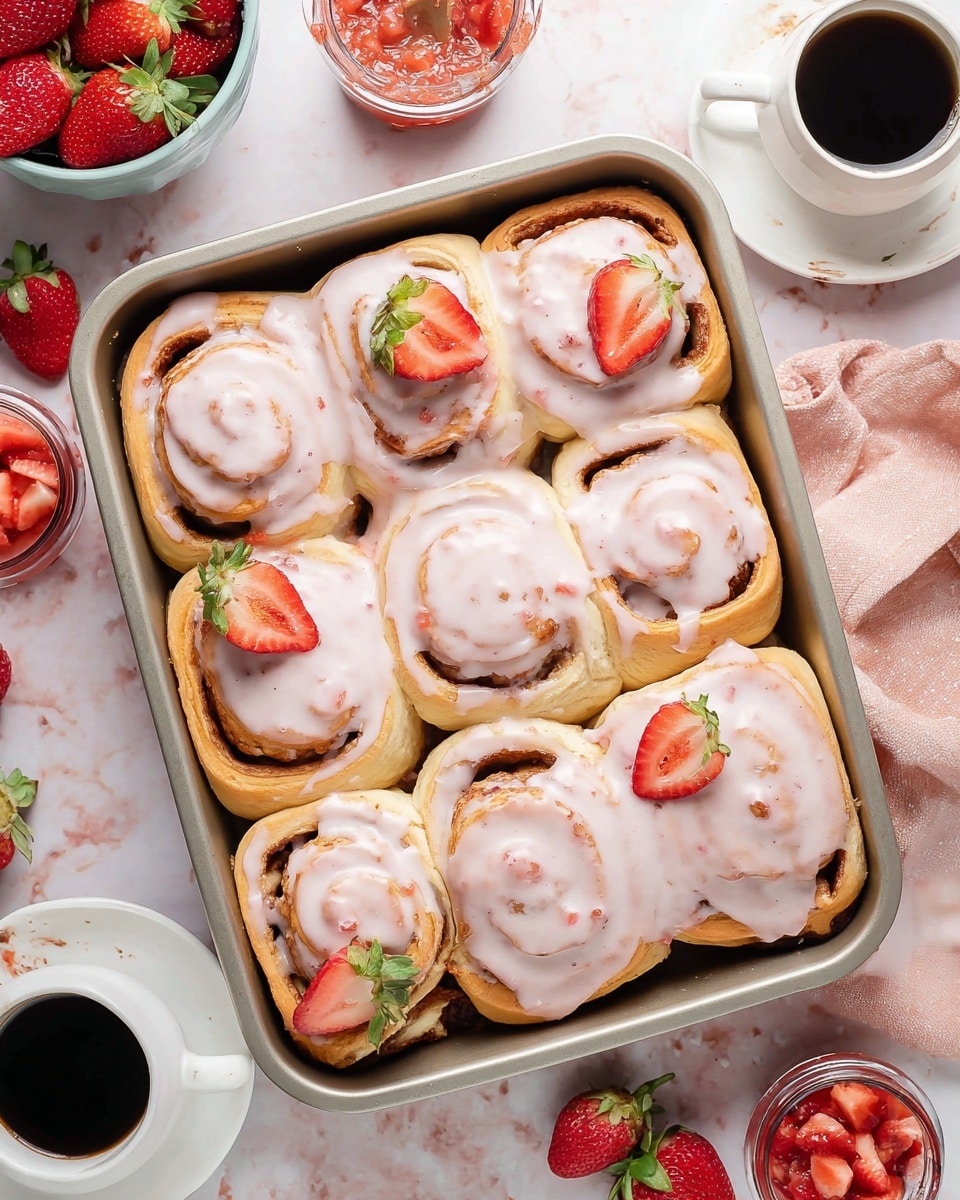 This image shows a baking pan filled with 12 soft cinnamon rolls, each rolled in layers of light golden dough with swirls of cinnamon inside. The rolls are topped with a thick, creamy pink icing that covers most of their tops, with small visible bits of strawberry in the glaze. Some rolls are decorated with halves of fresh red strawberries with green leaves, placed on top. The pan sits on a white marbled surface, surrounded by a bowl of whole strawberries, a small bowl of chopped strawberries, a cup of black coffee in a white cup and saucer, and some strawberry jam jars. The overall scene is bright and cozy. photo taken with an iphone --ar 4:5 --v 7