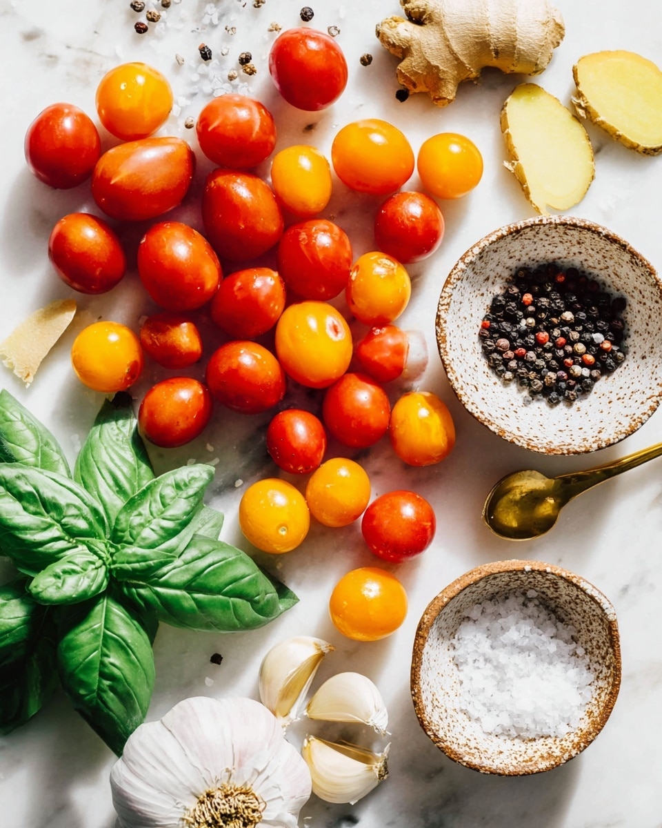 The image shows a scattered arrangement of small red and orange tomatoes on a white marbled surface, mixed with bright green basil leaves, a few slices of yellow ginger, whole garlic cloves with peel, and loose black peppercorns. Two small speckled bowls hold coarse sea salt with a golden spoon and whole black peppercorns. The different colors and textures create a fresh and natural look photo taken with an iphone --ar 4:5 --v 7