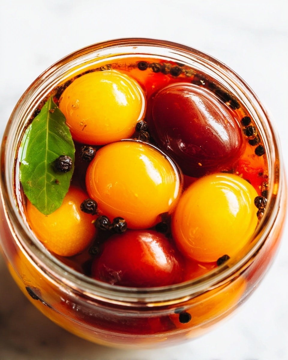 A close-up view of a glass jar filled with whole yellow and deep red cherry tomatoes, submerged in clear liquid with scattered black peppercorns and a green basil leaf visible on the left side. The jar sits on a white marbled surface, with the tomatoes tightly packed and showing smooth, shiny skins. The image focuses on the top portion of the jar, highlighting the fresh and vibrant colors of the tomatoes and herbs. photo taken with an iphone --ar 4:5 --v 7