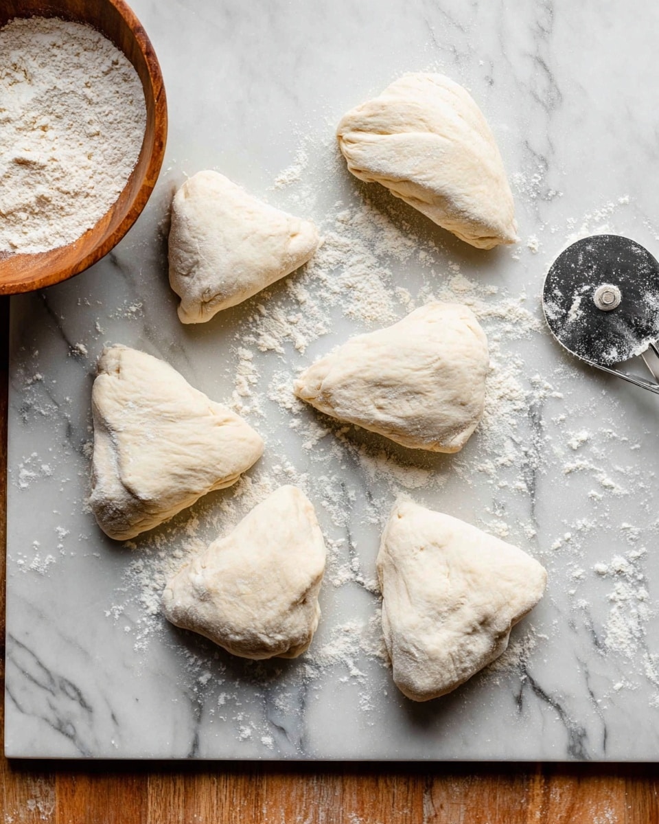 The image shows six pieces of dough placed on a white marbled surface, each piece roughly triangular and dusted lightly with flour. The dough looks soft with smooth, slightly wrinkled texture. On the bottom left, there is a wooden bowl filled with flour, and on the right side, a metal pizza cutter rests on the surface, with some scattered flour around it. The overall scene has a simple, clean look with visible wood edges on the top and bottom of the white marble. photo taken with an iphone --ar 4:5 --v 7