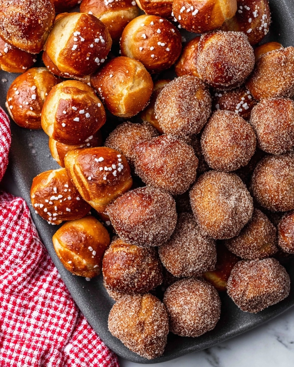 A close-up top view of many small pretzel bites arranged on a dark grey tray set on a white marbled surface. The bites form two groups: the outer group has golden brown pretzel bites sprinkled with large white salt crystals, showing a smooth, shiny, baked texture. The inner group is a pile of pretzel bites coated in a layer of cinnamon sugar, giving them a textured, grainy, light brown coating that contrasts with the rich brown underneath. In the bottom left corner, a red and white checkered cloth peeks into the frame. photo taken with an iphone --ar 4:5 --v 7