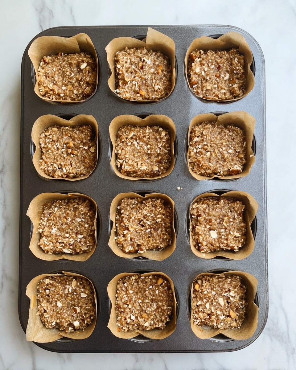 A dark gray metal muffin tray with twelve square molds is filled with a mixture that looks like a thick, crumbly dough made of oats and nuts, each mold lined with small pieces of brown parchment paper sticking up on two sides. The dough bases are pressed flat and have a rough texture with visible bits of oats and nuts in light brown and tan shades. The tray is placed on a white marbled surface, creating a clean background. Photo taken with an iphone --ar 4:5 --v 7