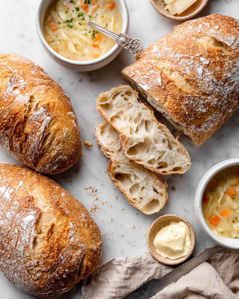 The image shows three loaves of crusty bread with a golden-brown surface dusted lightly with flour, lying on a white marbled texture. One loaf is partially sliced into thick, airy pieces revealing a soft, pale inside with a spongy texture. Two white bowls of creamy noodle soup with visible chunks of vegetables and small herbs are placed near the bread, one with a spoon inside. A small beige bowl filled with smooth, pale butter also sits nearby with a knife resting on a beige cloth. The overall scene is bright and inviting. photo taken with an iphone --ar 4:5 --v 7