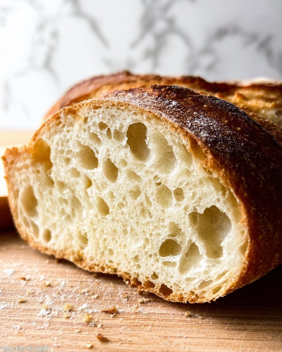 A close-up of a slice of bread with a golden brown crust on the outside and a soft, porous inside showing many air holes in different sizes and shapes, resting on a wooden board with a few small crumbs around, set against a white marbled surface background, photo taken with an iphone --ar 4:5 --v 7