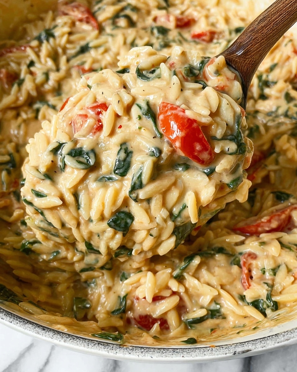 A close-up view of creamy orzo pasta dish lifted with a wooden spoon. The orzo is coated in a light beige creamy sauce mixed with small green spinach leaves and bright red cherry tomato halves, all soft and cooked. The orzo grains are plump and smooth, forming the main layer with the tomato and spinach pieces scattered evenly throughout. The dish is served in a white ceramic bowl sitting on a white marbled surface, with the texture and sheen of the sauce clearly visible. Photo taken with an iphone --ar 4:5 --v 7
