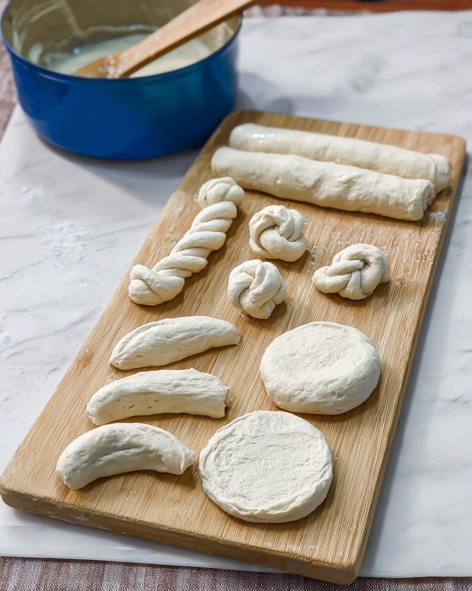 A wooden board placed on a white marbled surface holds several pieces of raw dough shaped into different forms: four rolled long sticks on the left, three small twisted knots near the top right, three flat round disks at the bottom right, and five semi-circular dough pieces at the bottom left. In the background, there is a blue pot containing some liquid and a wooden spatula resting inside it. The dough has a pale, slightly uneven texture showing air bubbles. The setting feels like a kitchen in the middle of food preparation. Photo taken with an iphone --ar 4:5 --v 7