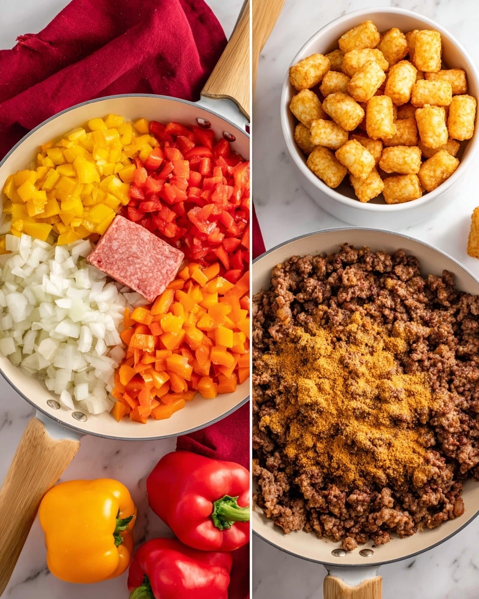 Two white pans with light wooden handles sit on a white marbled surface beside a red cloth and three bell peppers in yellow, orange, and red. The left pan shows five layers: diced white onions at the bottom left, diced yellow bell peppers above that, diced red bell peppers above the yellow, and a block of raw ground meat on the right side, all resting inside the pan. The right pan shows a cooked mix where the vegetables and meat are browned and crumbled, topped with a thick layer of brown seasoning covering the center. In the upper right behind the pans is a white bowl filled with tater tots. Photo taken with an iphone --ar 4:5 --v 7