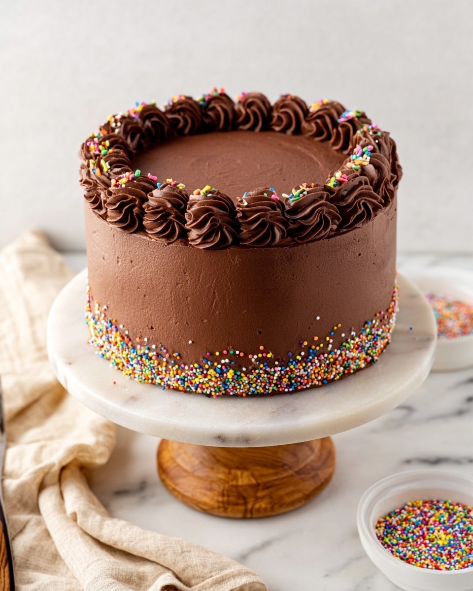 A three-layer chocolate cake covered evenly with smooth, rich brown chocolate frosting. The top and bottom edges of the cake have piped thick swirls of chocolate frosting, decorated with colorful round and rod-shaped sprinkles. The cake is placed on a white marble cake stand with a wooden base, set on a white marbled surface with a beige cloth and a small white bowl full of multicolor sprinkles nearby. Photo taken with an iphone --ar 4:5 --v 7